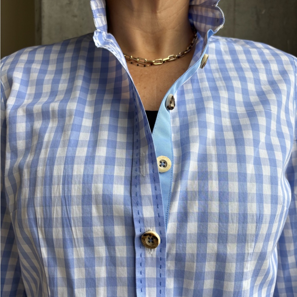Light Blue Gingham blouse with elegant Horn Buttons.